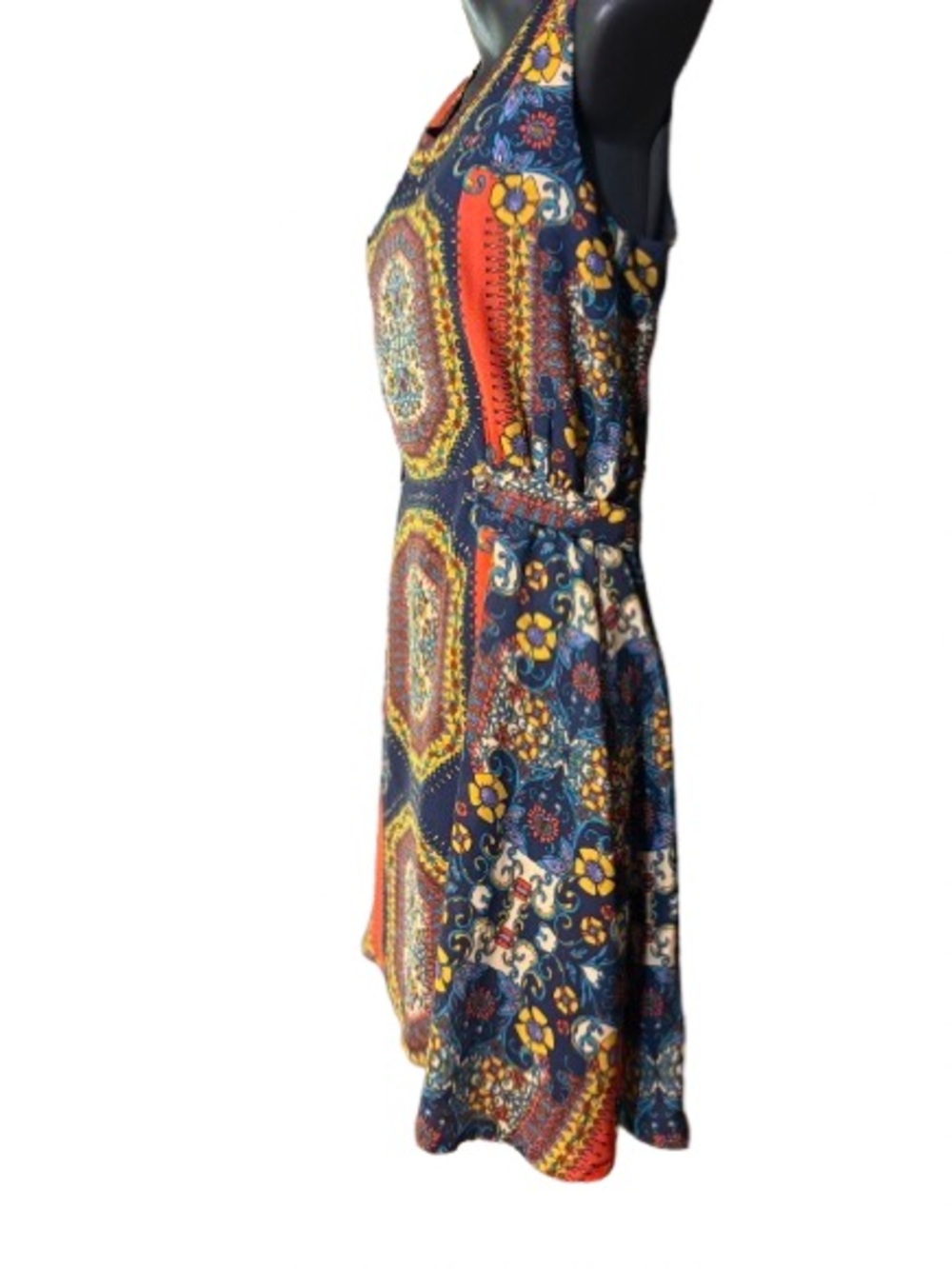 bohemian printed sleeveless dress defined cinch waist flowy mini-length skirt. - Picture 6 of 16